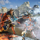While standing on lava, Eivor attacks a frost giant with a giant spear.